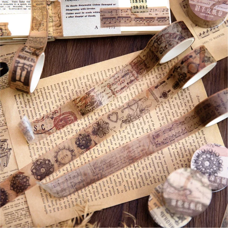 18.5mm*2m Vintage Washi Paper Tapes Junk Journal DIY Scrapbooking Creative Stationery Decor Diary Marking Adhesive Tapes