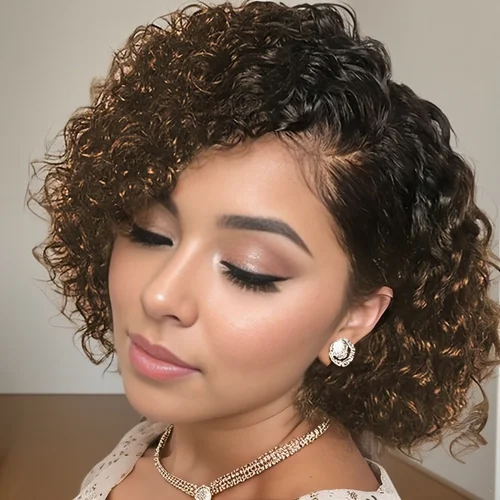 Imagen 1 del producto Pelucas delanteras de encaje 13x4, peluca de corte Pixie, peluca de cabello humano ondulado profundo, pelucas naturales rizadas cortas para mujer