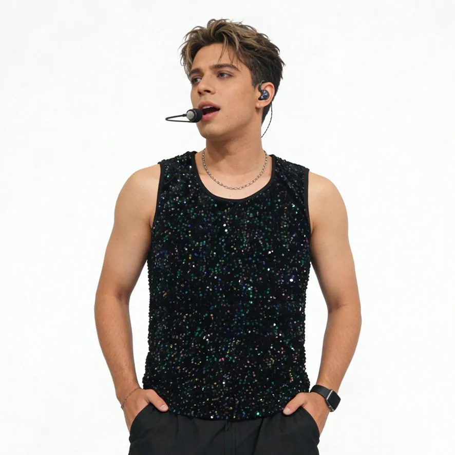 Men's Sequin Vest Glitter Tops for Night Club Bar Stage Performance DJ Gogo Dancer Team Show Costume Party Rave Singer Performan