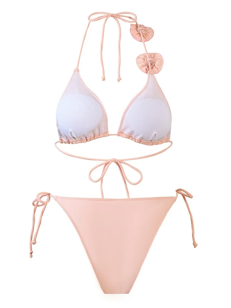 Costume da bagno donna bikini 2025 Nuovo bikini design halter rosa solido Set costumi da bagno sexy con lacci Costume da bagno estivo da spiaggia femminile