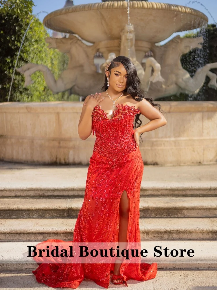 

Red Long Dimonds Prom Dresses For Black Girls 2026 Gems Beaded African Evening Gowns Birthday Party Gown Robe Customized