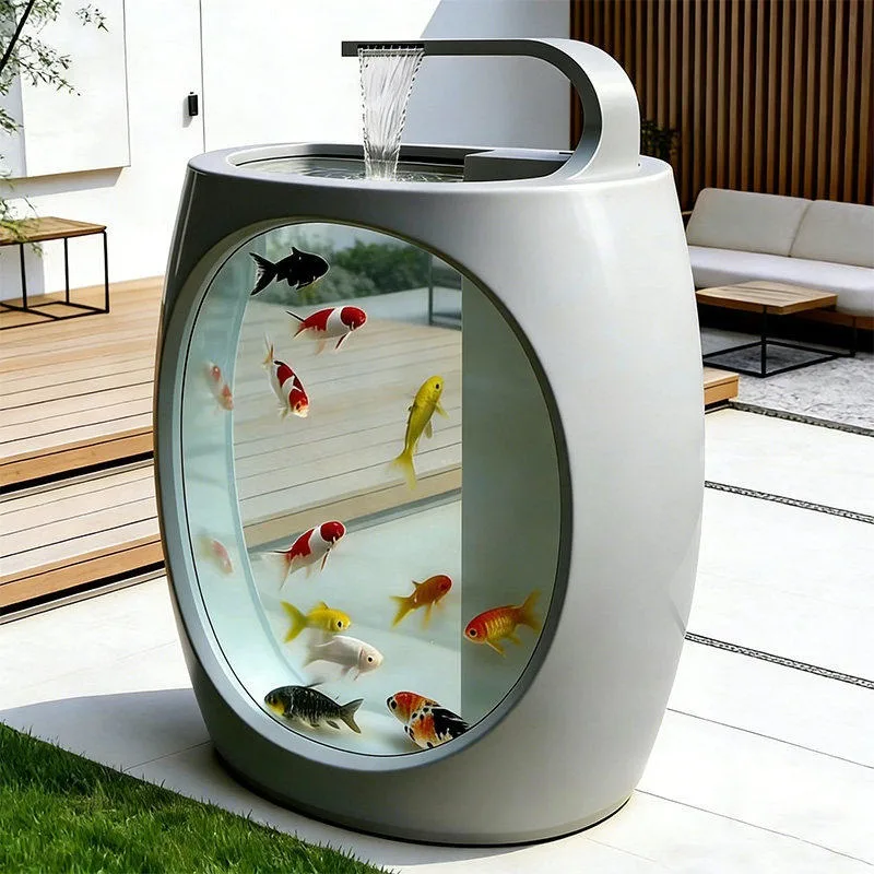 Freestanding Fish Pond Waterfall Ornament Indoor Outdoor Waterscape Decor Curved Frame Transparent View Panel Terrace Layout