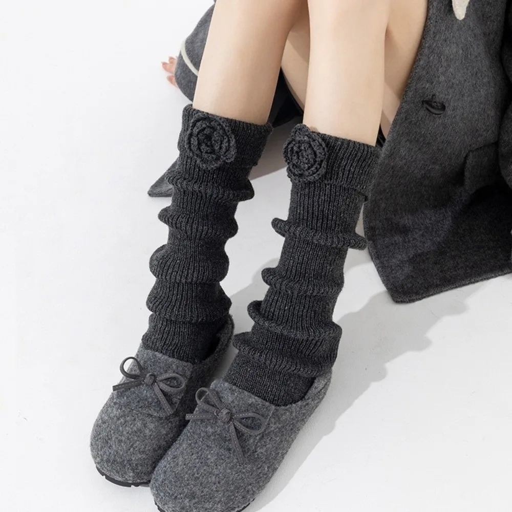 

New Solid Color Leg Warmers Thickened INS Mid-Calf Sock Handmade Flowers Knitted Boot Covers Women