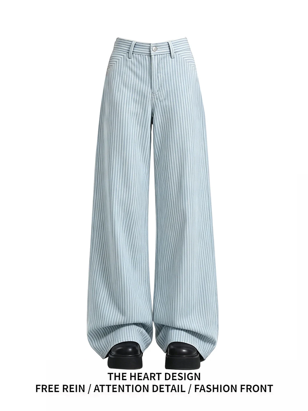 

Retro American Blue Striped Denim Jeans Women's Summer Design Slimming High Waist Wide Leg Straight Cut Floor-Length Pants