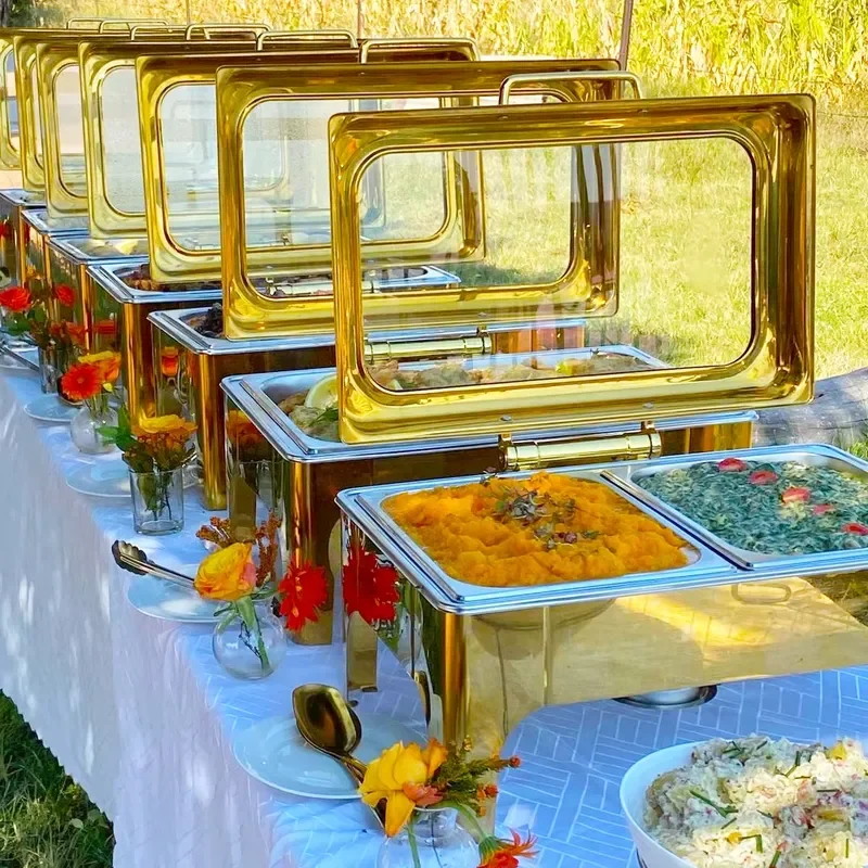 9L Golden Glass Chafing Dish Set with Separate Inner Pot for Wedding Buffet Catering Food Warmer Server Deluxe Hotel