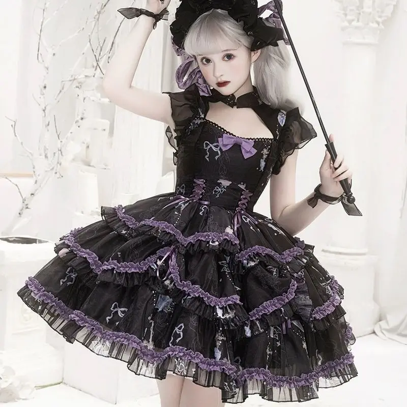 

Victorian Harajuku Girls Bow Print Ruffles Punk Tiered Dress Women Kawaii Puffy Party Dresses Vintage Gothic Y2k Lolita OP Dress