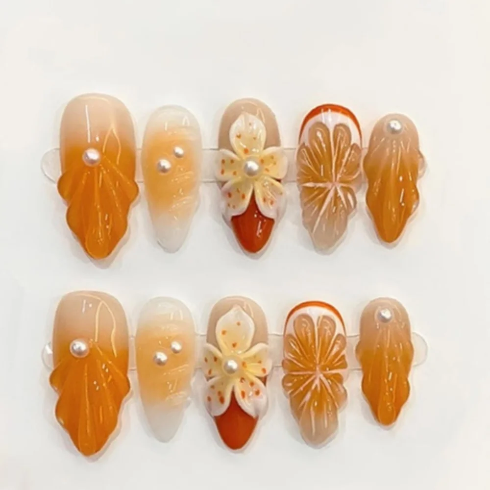 10 pezzi rosa sfumato di media lunghezza mandorla unghie finte fiore estivo strass design unghie fatte a mano punta riutilizzabile stampa sulle unghie finte