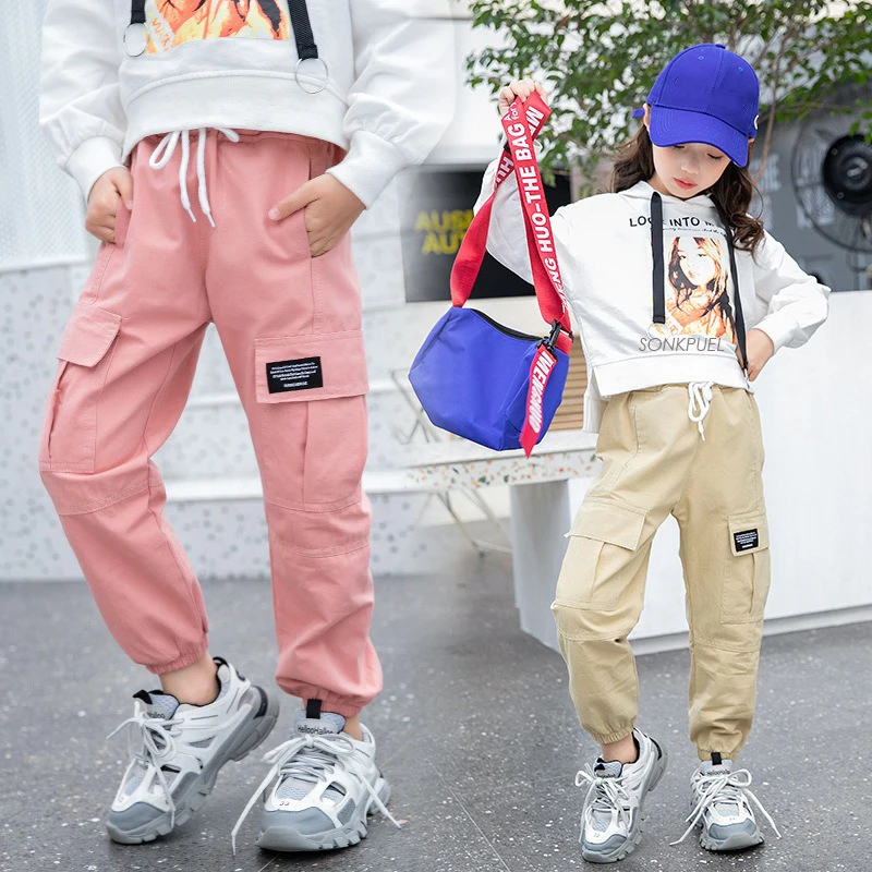 Spring Kids Girls Cotton Sport Pants Casual Camouflage Printed Teenage Girls Cargo Pants Children Trousers Beam Foot Pants Pink