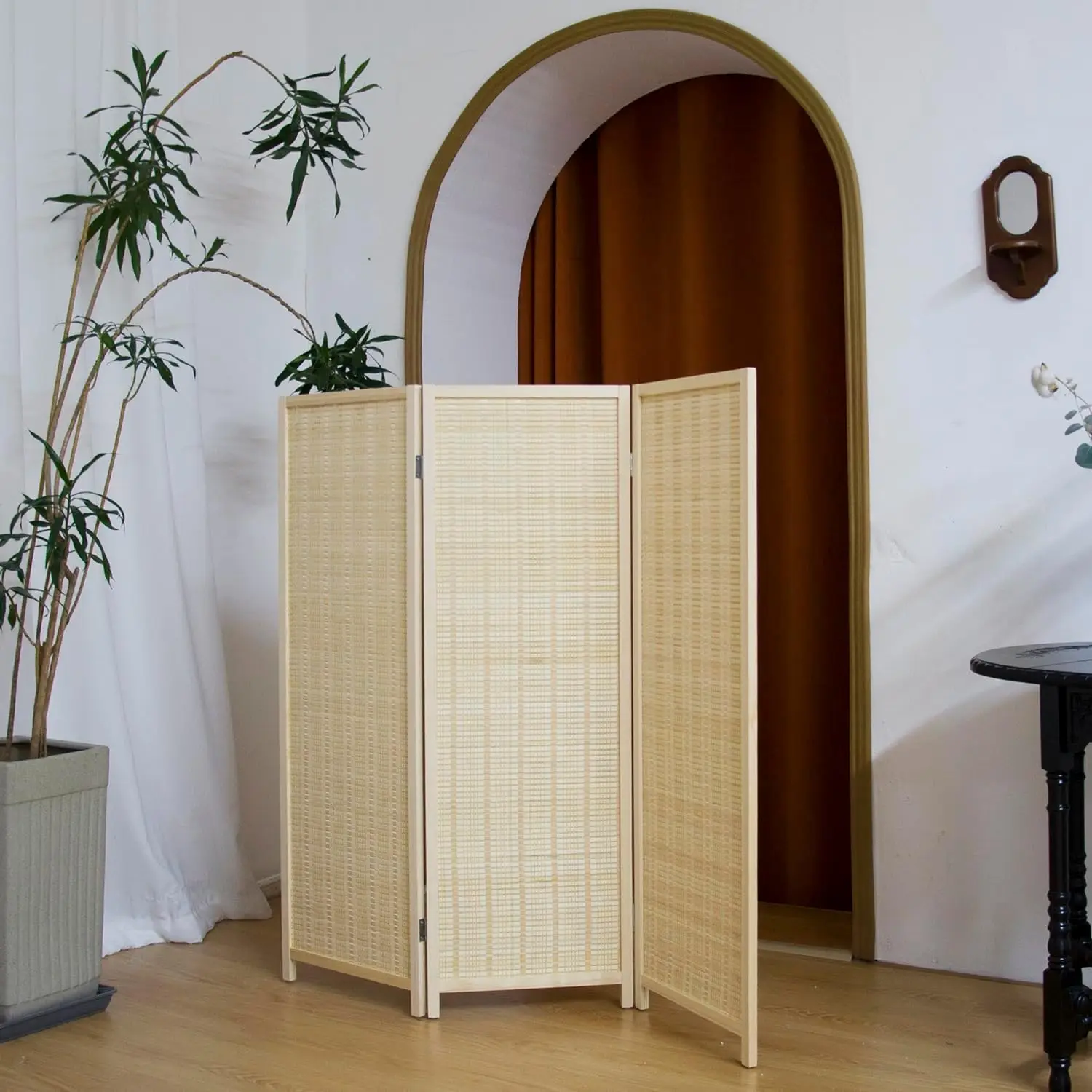 Separador de Habitaciones de Bambú de 3 Paneles, Biombo Plegable de 3.95 Pies de Altura para Espacios Pequeños, Separador de Habitaciones Independiente, Beige