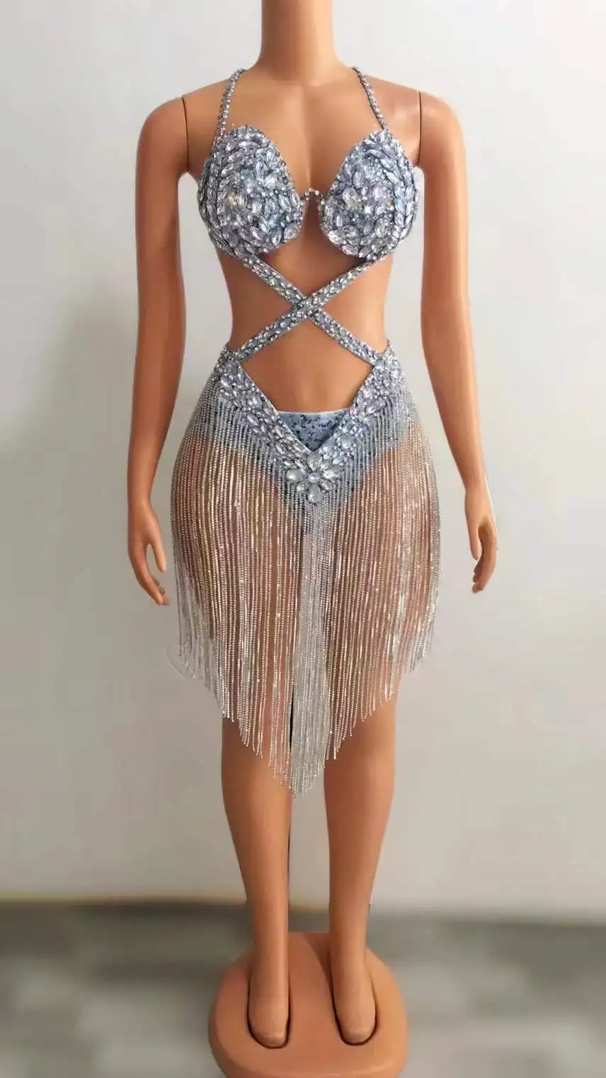 Women Sexy Rhinestone Bikini Set Fringe Outfit Sparkly Performance Stage Wear