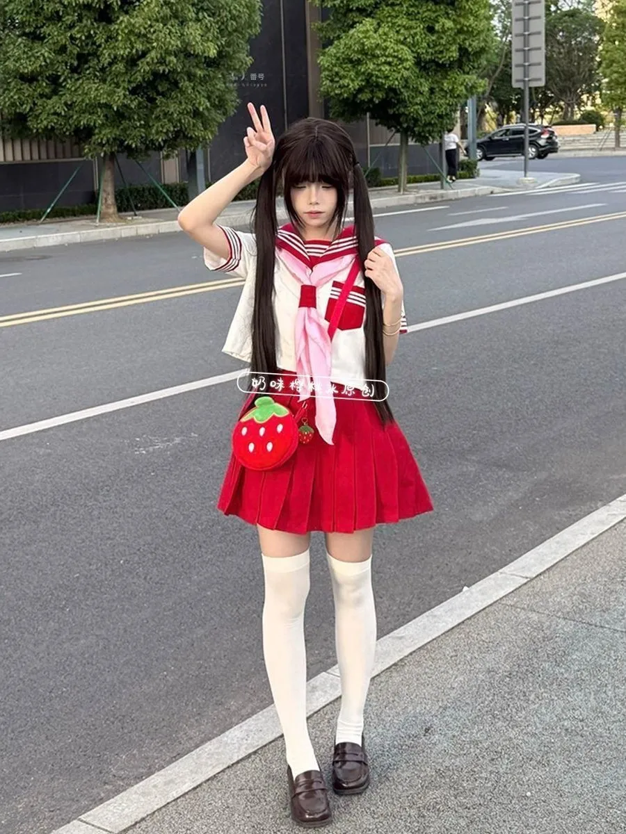 Original JK Uniform Red Sailor Suit Short Skirt Short Sleeve Basic Set Cute School Uniform Fashionable Student Work Outfit