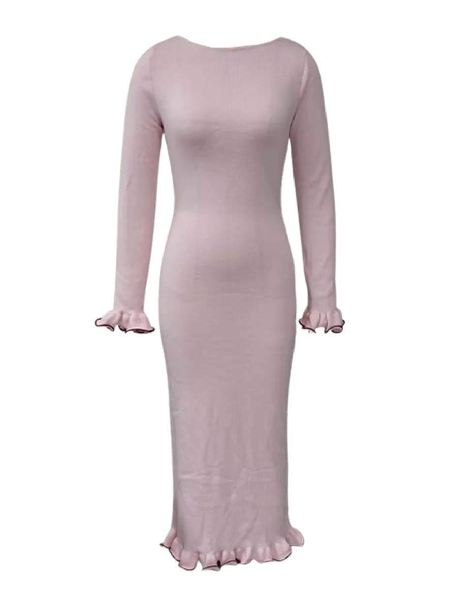 Women Sweater Dress Patchwork Trim Tie-Up Backless Long Sleeve Long Dress Fall Fashion Casual Knit Dress