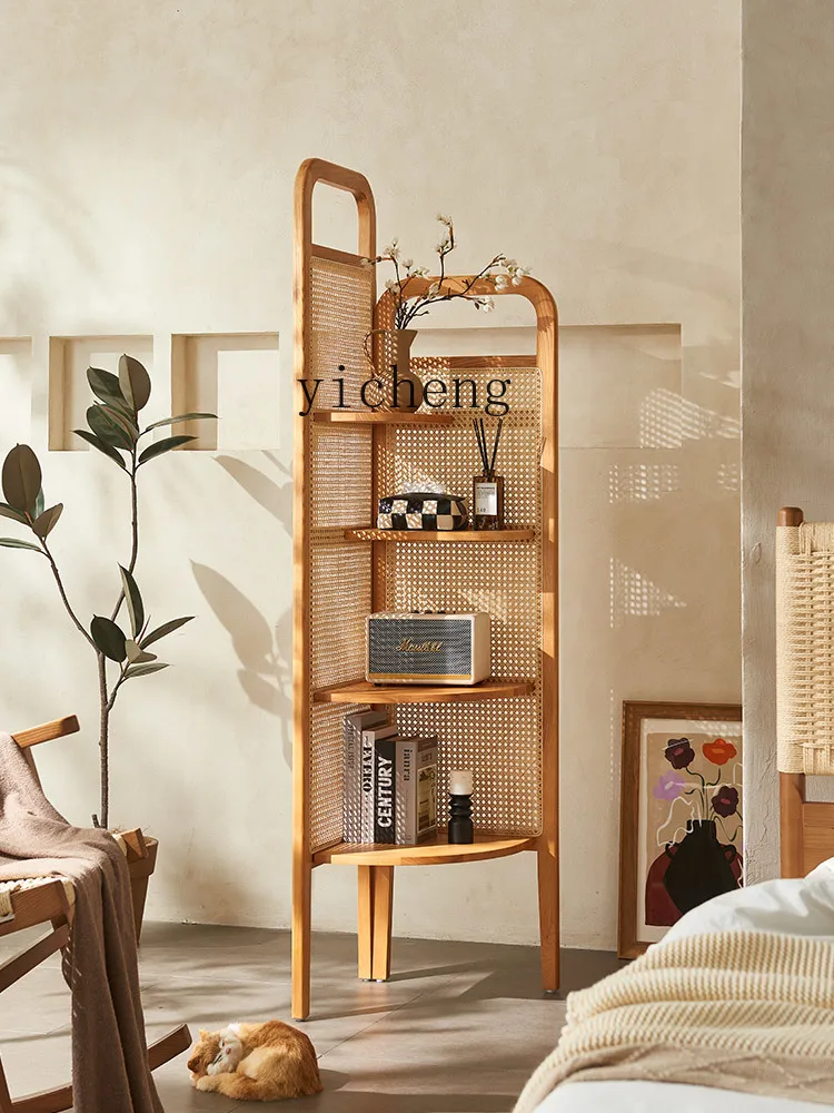 Tqh Rattan Corner Cabinet Shelf Solid Wood Floor Bookshelf Movable Storage Corner Wall Corner Cabinet