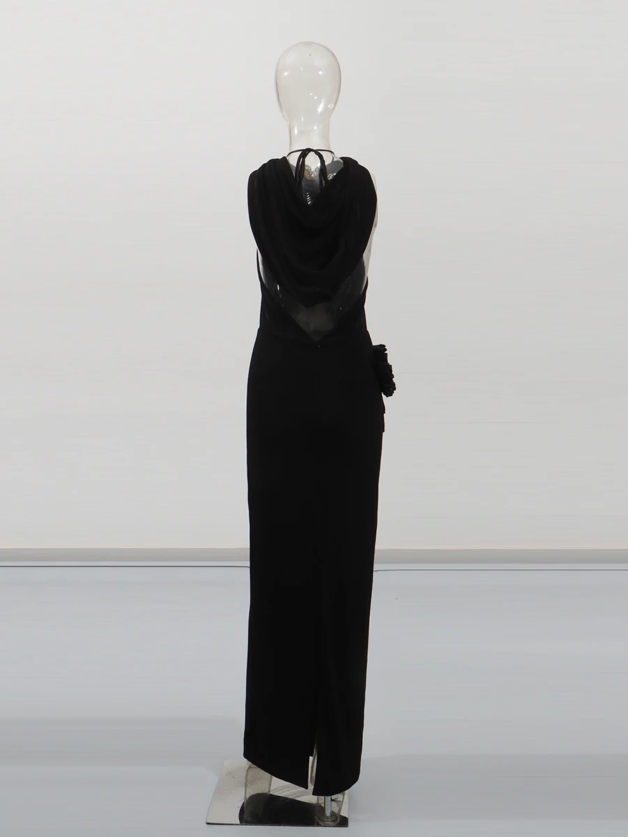 Sólido magro vestidos longos para mulheres halter pescoço sem mangas emendado apliques cintura alta temperamento vestido roupas femininas