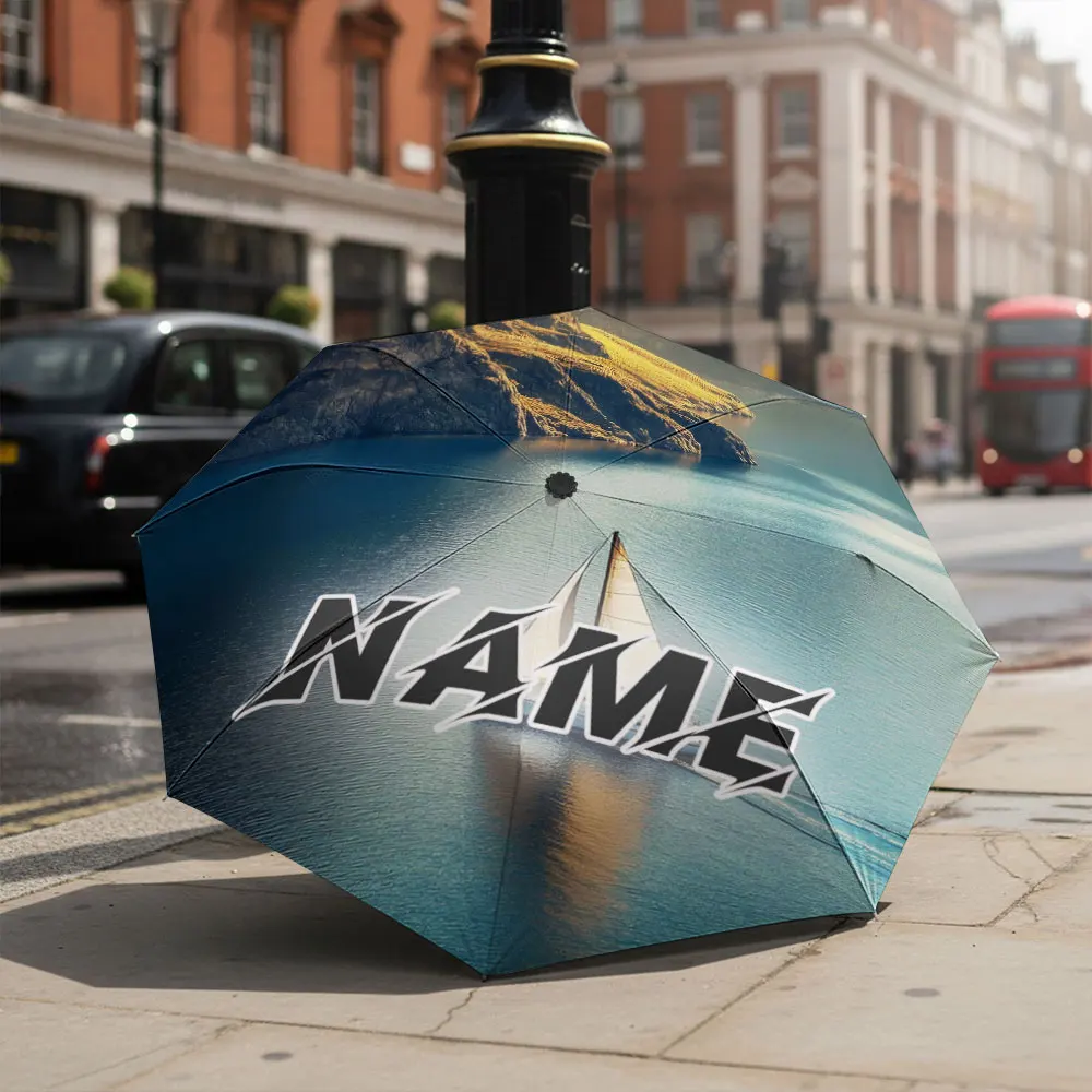 Custom Name Umbrella Sailing Boat Mountain Lake Natural Landscape Print Compact Folding Travel Parasol Gift For Outdoor Lovers