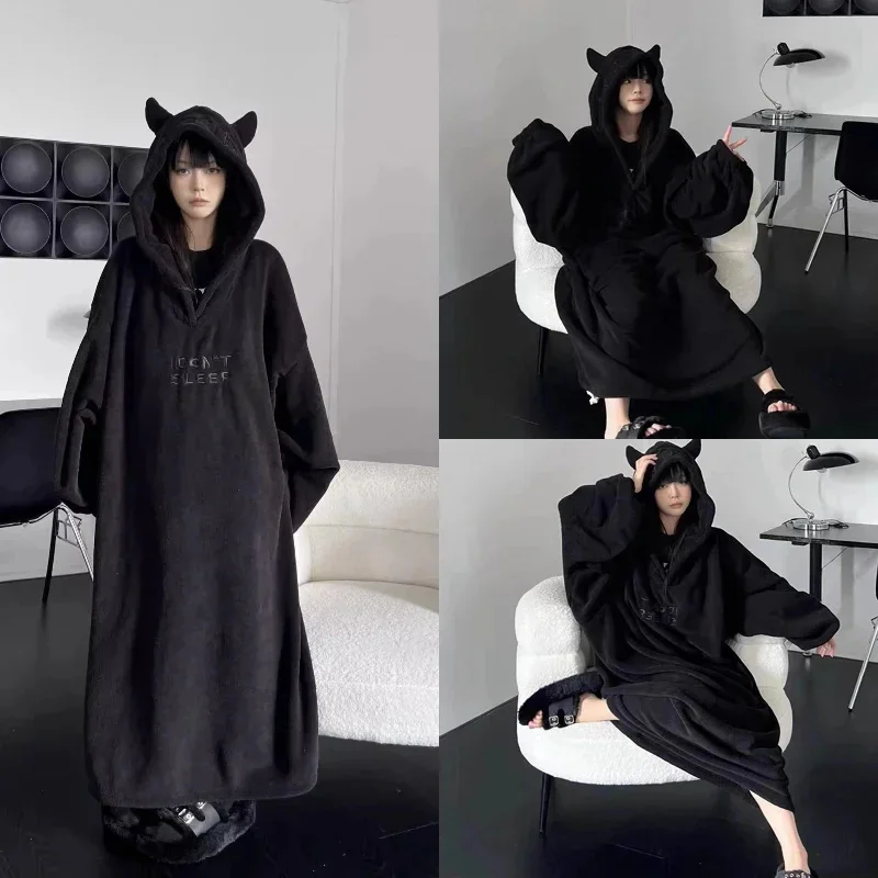 Autumn Winter Thickened Padded Pajamas Solid Color Homewear Loose Oversized Hooded Dresses Imp Couple Robe One Piece Sleepwear