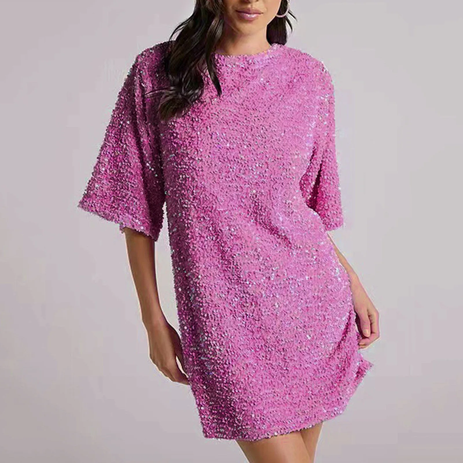 

New Women's Elegant Sequin Dress Summer Sparkly Round Neck Dress Short Sleeve Loose Mini Party Club Female Dresses Vestidos 2024