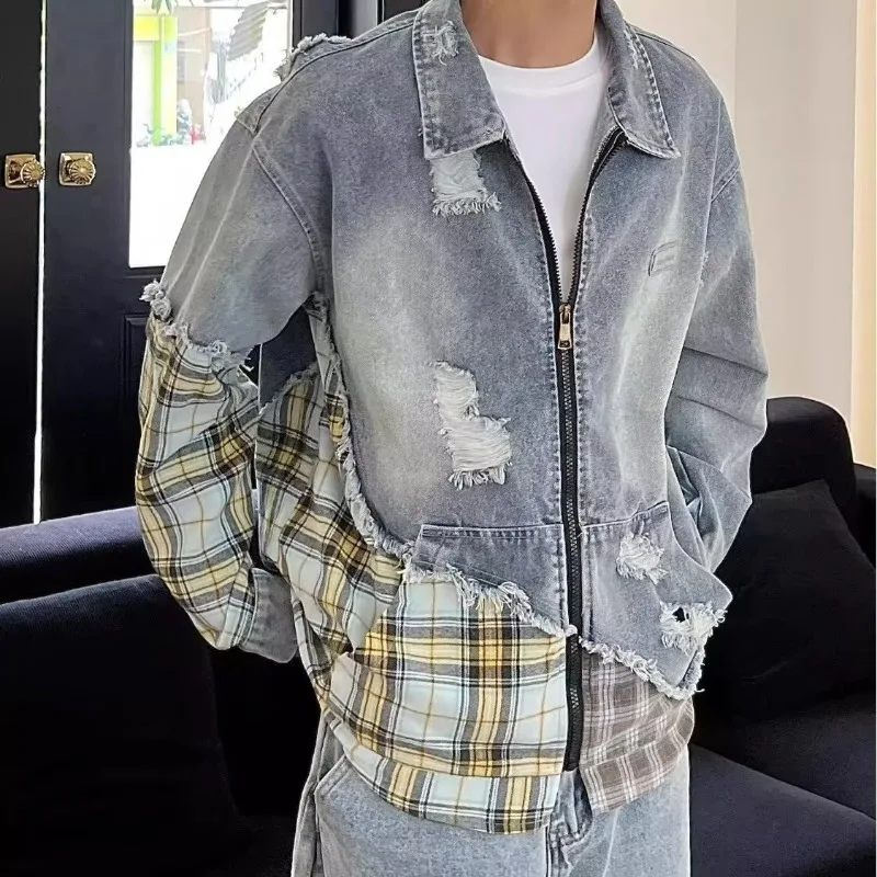 Korean Fashion Men's Streetwear Denim Patchwork Plaid Zipper Jacket 2026 Autumn New Japanese Harajuku Casual Loose Jackets Coats