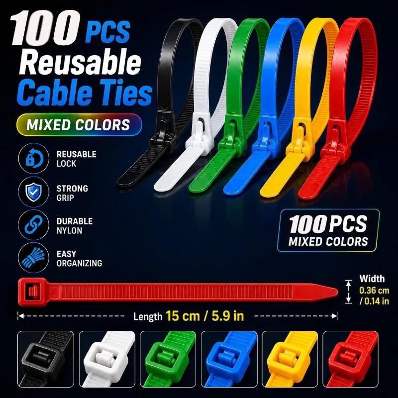 100Pcs Heavy Duty Reusable Nylon Cable Ties, Secure Locking Color-Coded Zip Ties for Indoor, Outdoor, Garden, Workshop & Wire