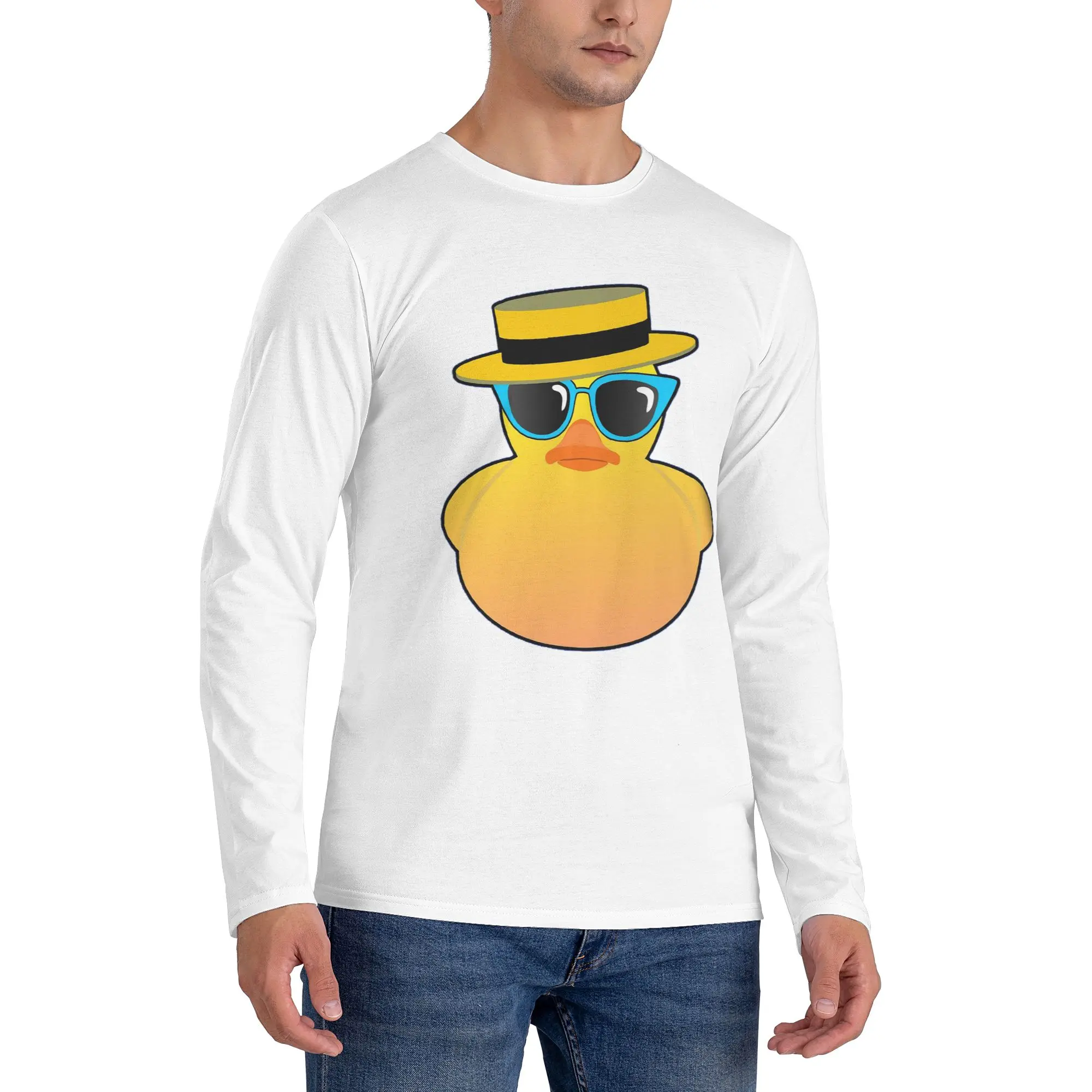 

Rubber Duck Ducky wearing Boater hat and sunglasses Men's Long Sleeved T-shirt Round Neck T shirts Spring and Autumn Men tops