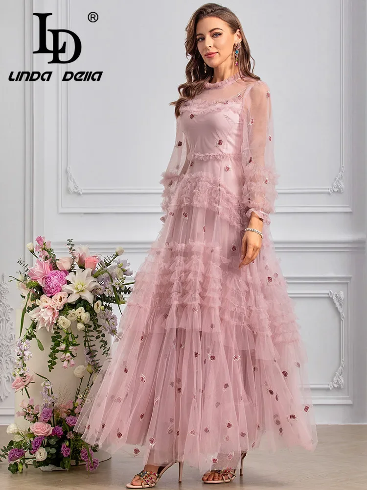 LD LINDA DELLA Summer 2024 luxury Designer Dresses for women Vintage Flowers Embroidery Net Yarn Ruffles Dresses Sizes S-4XL