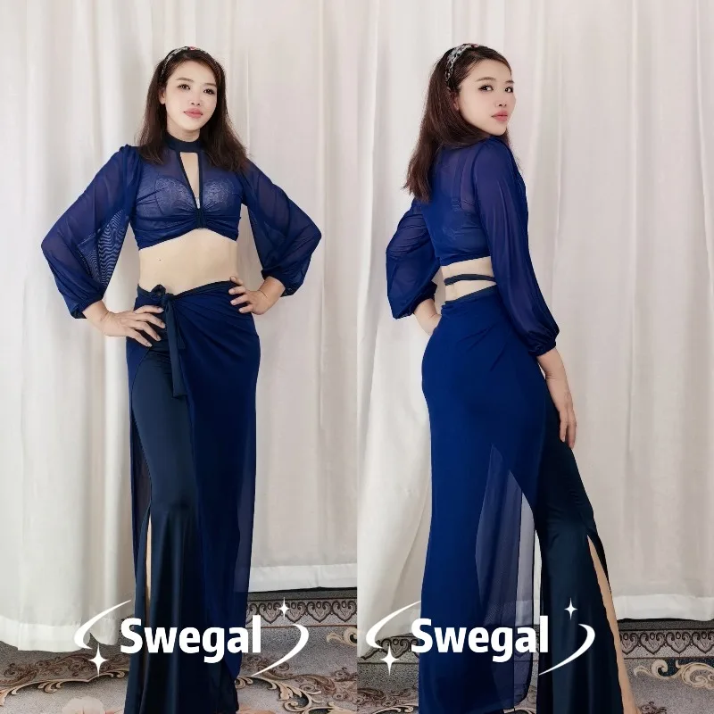 Customized Belly Dance Practice Dress with Purple Red Mesh Lantern Sleeves Top with Inserted Slices Large Swing Pants Skirt