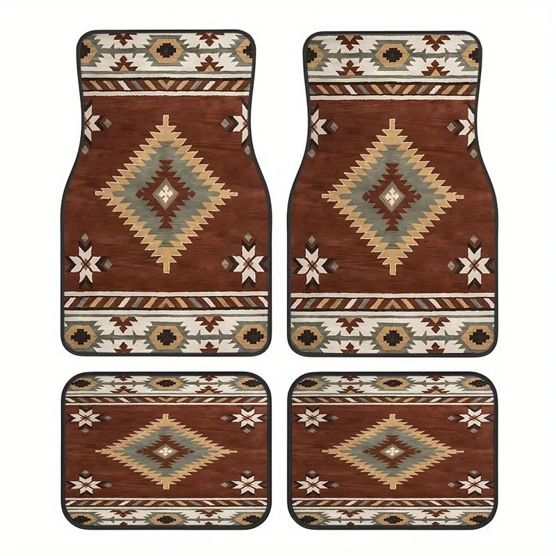 4pcs, Retro Mayan Style Pattern Rubber Mats, Universal Non-slip Carpets, Easy To Clean, Pet Friendly Car Accessories, Synthetic