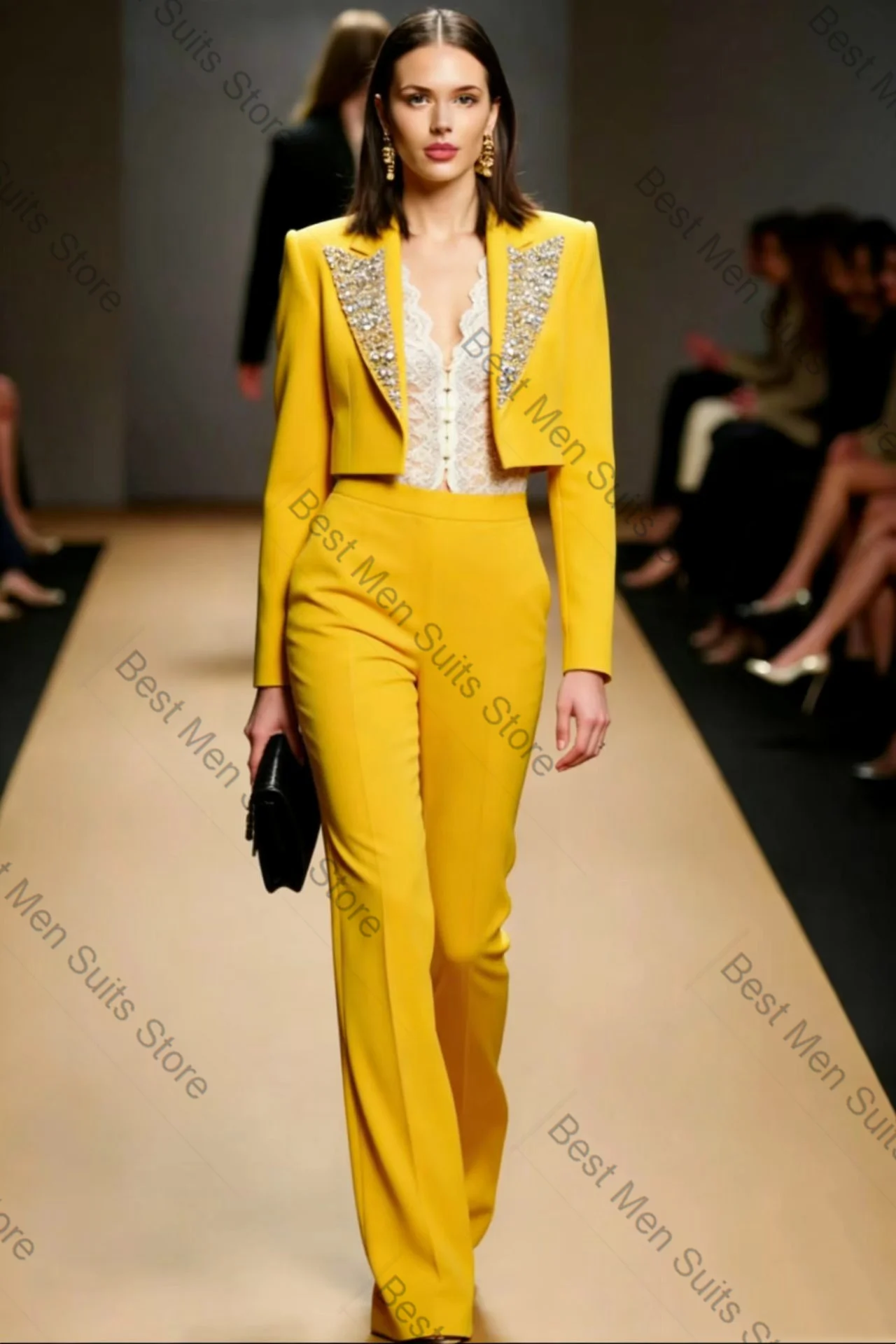 

Yellow Spring Women Suit Set 2 Pcs Crystals Blazer+Pants Trousers Cotton Formal Office Jacket Customized Wedding Tuxedo Coat