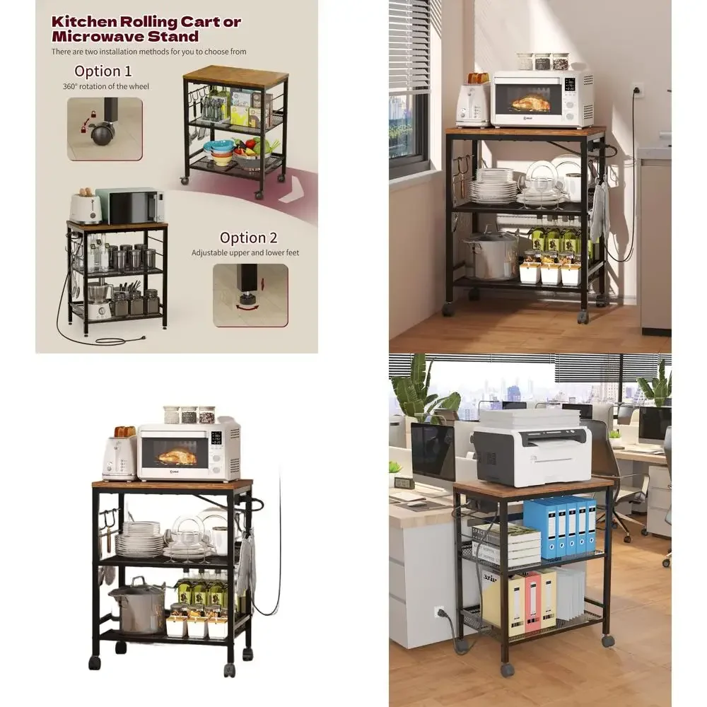 

3-Tier Rolling Kitchen Cart with Power Outlet, Lockable Wheels, Storage & Utility for Coffee, Tea, and More