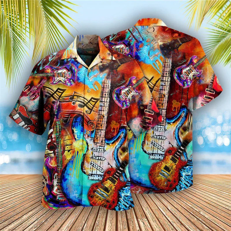 3D Men Neon Shirt Guitar Bass Printed Hawaiian Shirt Vintage Tops Male Casual Stylish Short Sleeve Clothing Trend Streetwear