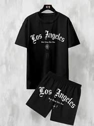 Boys Casual Los Angeles Letter Print Comfortable Short Sleeve T-shirt and Shorts Set, Cool Comfortable Summer Clothing Set