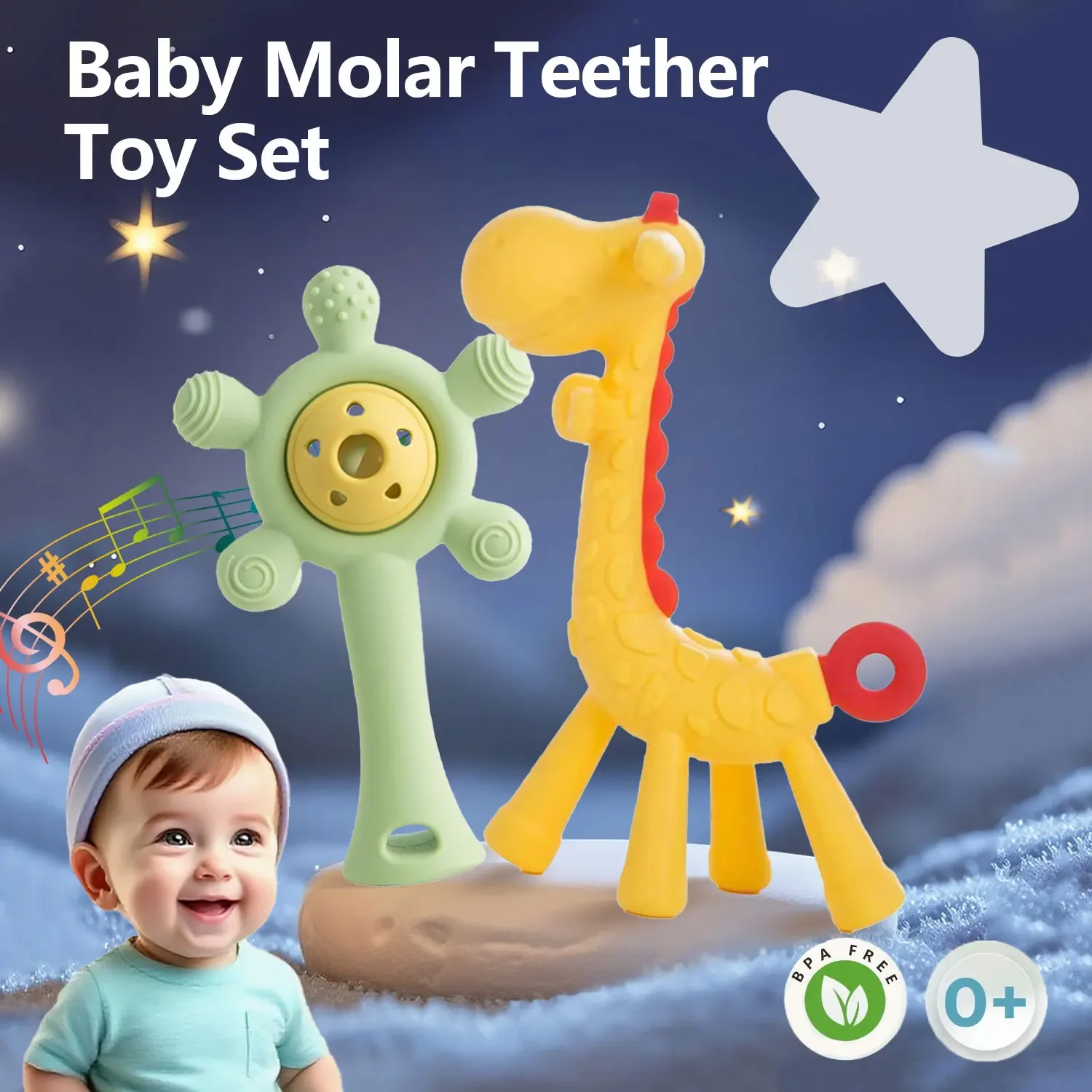 Il bastoncino molare per massaggiagengive con sonaglio non contiene BPA, materiale in silicone alimentare, giocattoli lenitivi per bambini, una varietà di opzioni