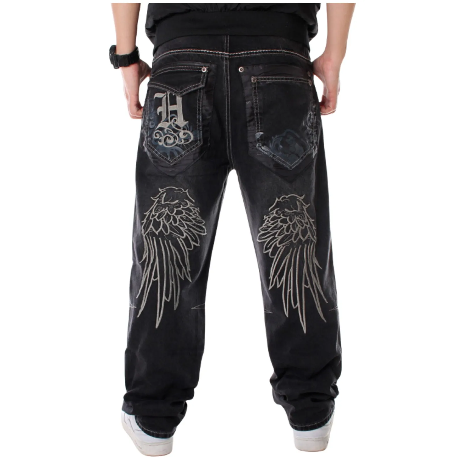 Men\'s Vintage Hip Hop Style Baggy Jeans Embroidery Denim Loose Fit Dance Skateboard Pants