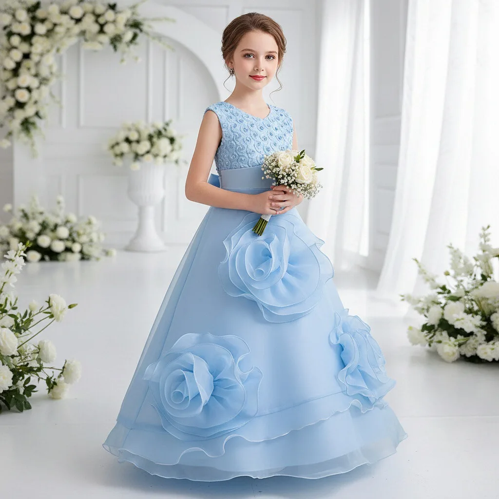 

Long Sleeve Organza Dress for Girls Wedding Flower Girl Dress Vintage Princess Dress with 3D Flowers for Kids Party Formal