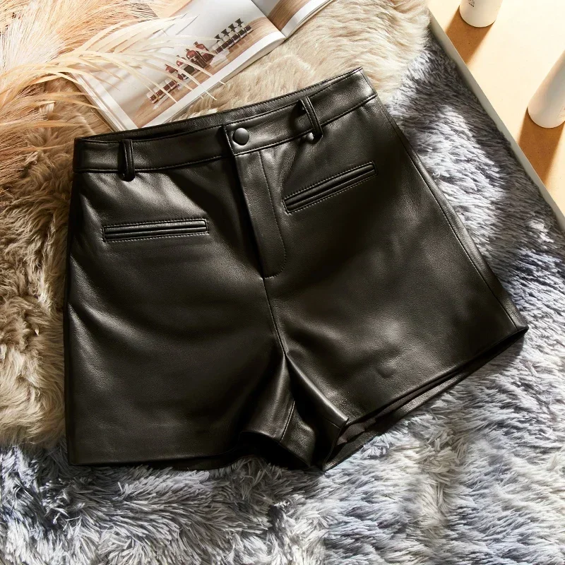 Genuine Sheepskin Leather Shorts for Women 2024 Korean Fashion Wide Leg Short Pants Women High Waist White Short ropa de mujer