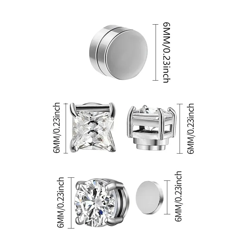 6 Pcset Strong Magnetic Ear Stud Clip Earrings for Men and Women Punk Round Zircon Magnet Earrings Non Piercing Jewelry