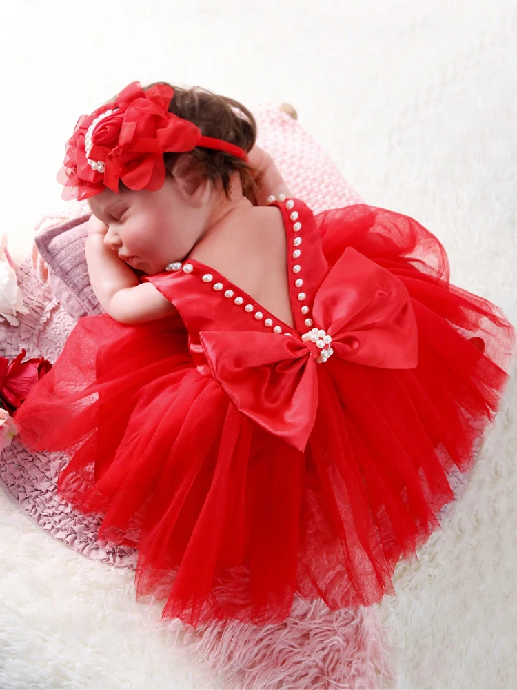 Ylsteed 2 Piece Set Newborn Baby Red Dress for Photoshooting Newborn Photography Props Infant Bow Pearl Dress with Rose Hairband