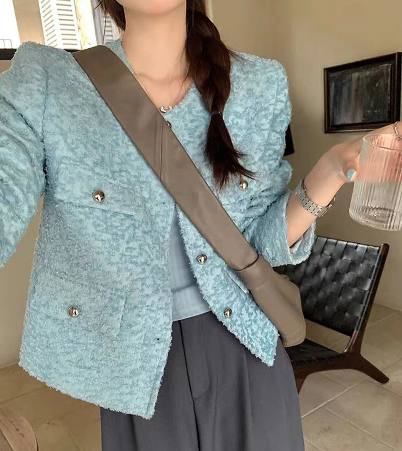 Blue Tweed Jacket Women 2024 Spring Autumn New High Quality Luxury White Tweed Jacket Elegant Long Sleeve Korean Cropped Jacket