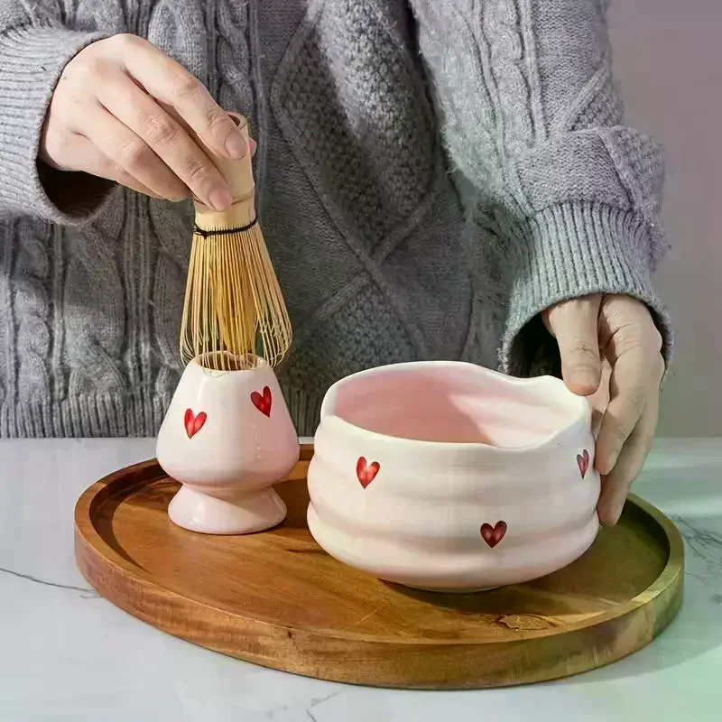 2/4/5pcs Heart Decal Ceramic Matcha Set, Cute Matcha Set Includes Matcha Bowl, Matcha Whisk And Holder, Bamboo Scoop, Sifter