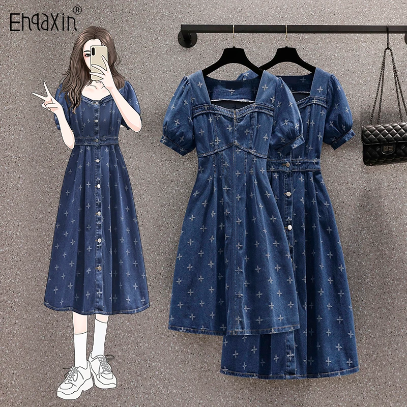 

EHQAXIN Summer Ladies Denim Dress Fashion 2022 New Retro Printing A-Line Loose Square Neck Dresses For Womens L-4XL