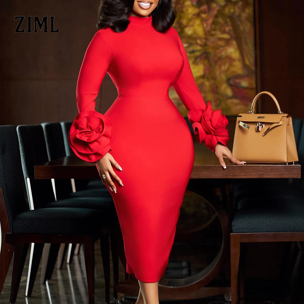ZIML Abiti eleganti vintage dimagranti per donna Girocollo Manica lunga Vita alta Applicazioni impiombate Abito chic Moda femminile