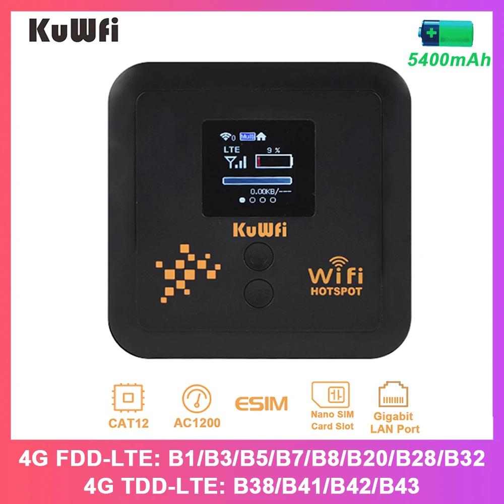 

KuWFi CAT12 4G+ Modem AC1200 2.4G 5G Dual Band WiFi 5400mAh Pocket 4G LTE Router Support eSim Nano SIM Slot Gigabit LAN Port