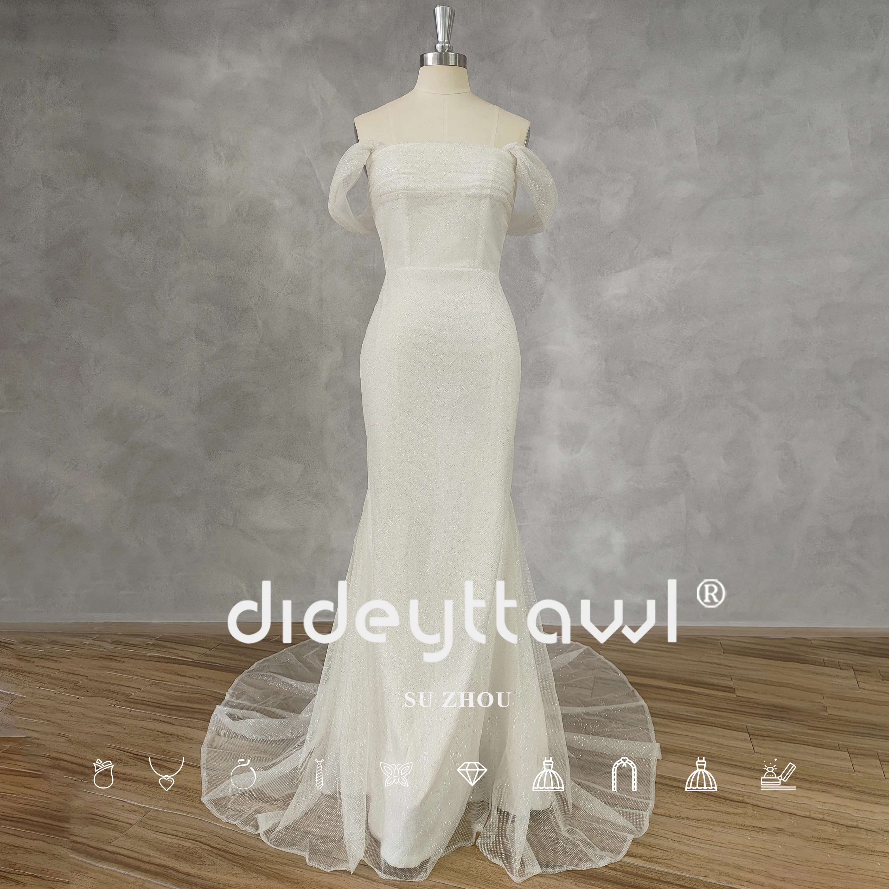 DIDEYTTAWL-Off-ombro brilhante Tulle Sereia Vestido de Noiva, Real Picture, Cut Out, Ruched Zipper, Open Back, Tribunal Trem, vestido de noiva