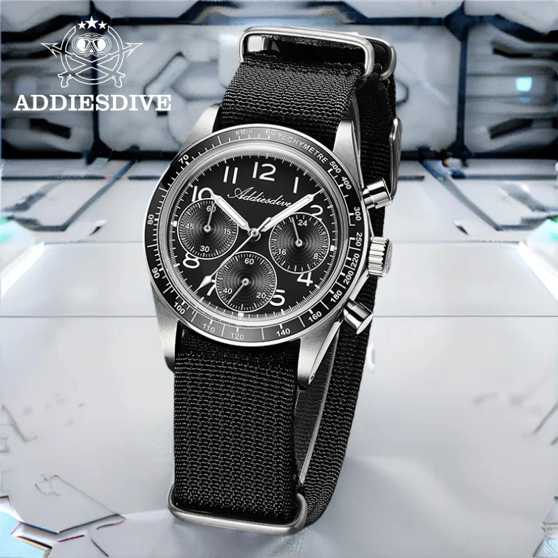 

ADDIESDVIE Men Watch 10Bar Waterproof Nylon Strap AD2517 BGW9 Super Luminous 316L Stainless Steel VK63 Chronograph Quartz Watch