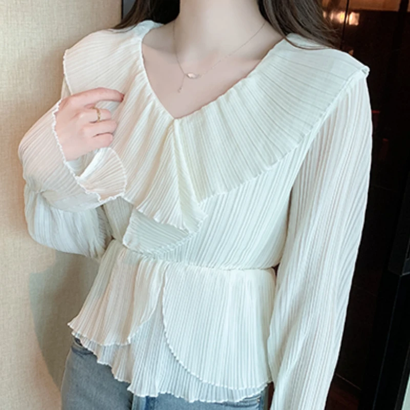 Dropshipping Chiffon Blouses for Women Clothing Fashion Elegant Females Long Sleeves Tops V-Neck Solid Sweet Ruffle Pullover