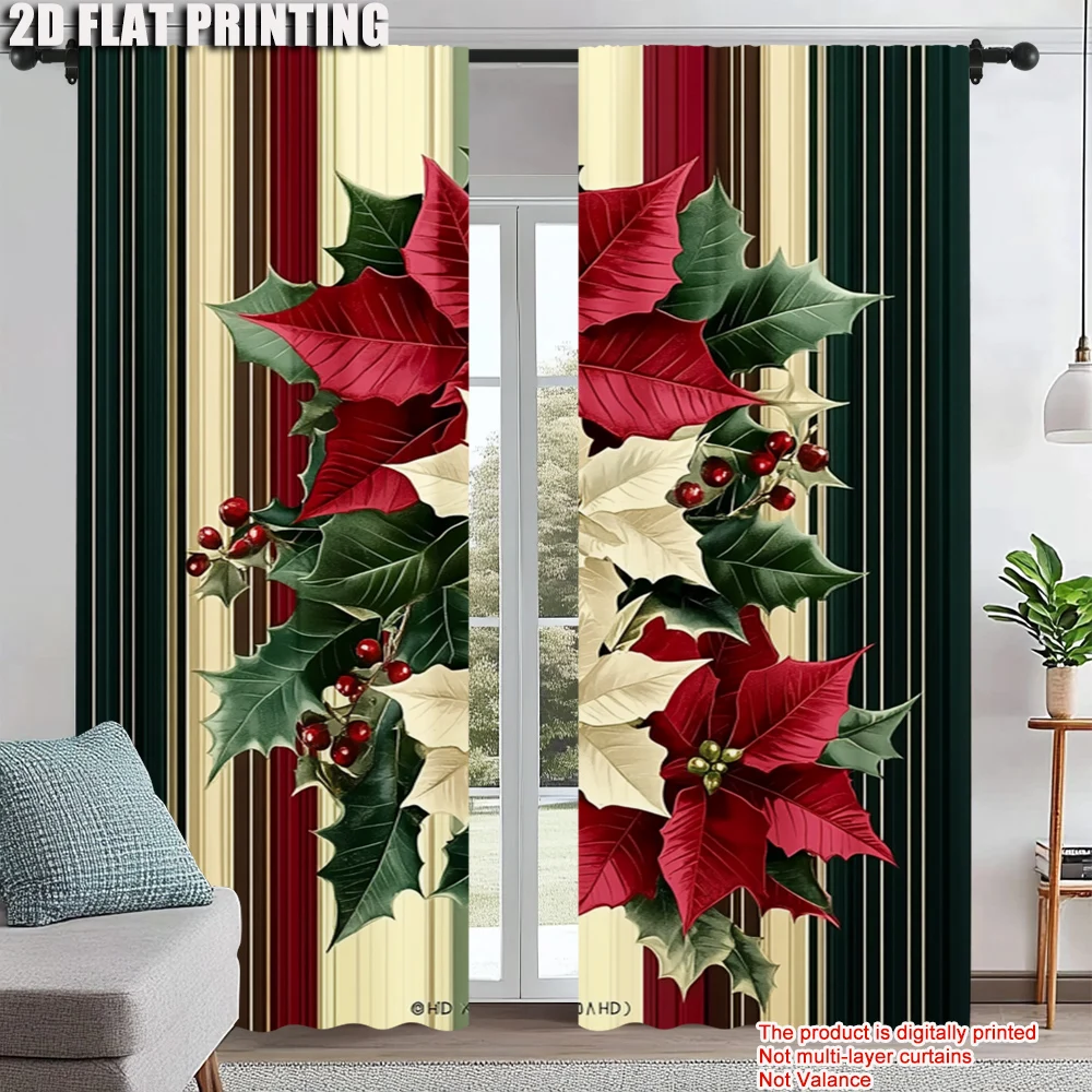 

2Pcs Christmas Vintage Flower Polyester Material Window Curtains Rod Pocket Design For Living Room Bedroom Kitchen And Office