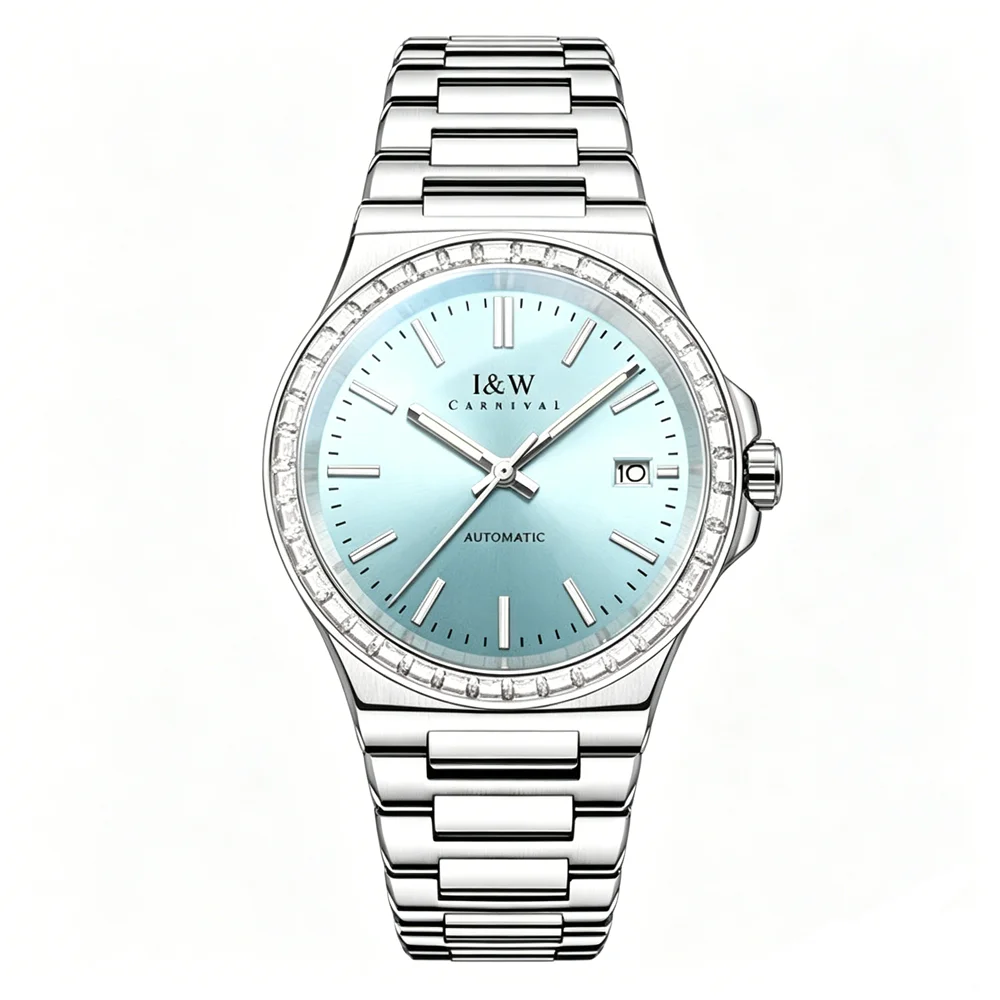 I&W CARNIVAL Luxury Japan Import NH35A Automatic Mechanical Men's Watch Sapphire Rhinestone Auto Date 55791G-R Luminous Hands
