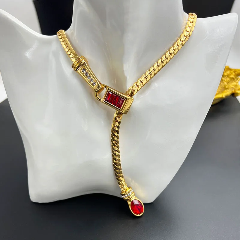 New Fashion Vintage Snake Bone Y-shaped Glass Necklace Copper Gold-plated Collarbone Chain Women's Jewelry