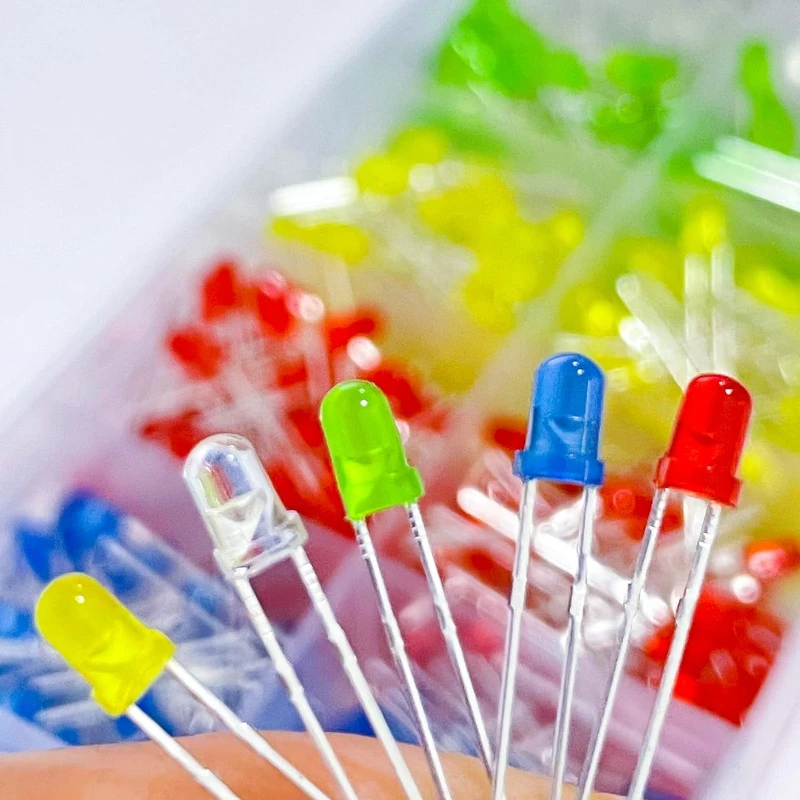 500pcs LED Round Light Emitting Diodes 5Values 3mm Multicolor Circuit Assorted kit (Red/Green/Yellow/White/Blue Each 100PCS)