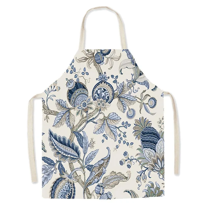 

Vintage Floral Tropical Leaf Cotton Linen Apron for Women Kitchen Cooking Baking Bib Elegant Sleeveless Home Cleaning Pinafore